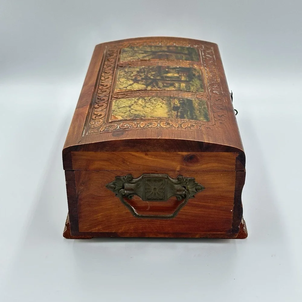 Vintage Carved Cedar Jewelry Box Country Scene Etched Mirror & Scalloped Feet